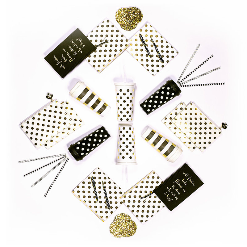 Tumbler with Straw, Gold Dots, White/Gold
