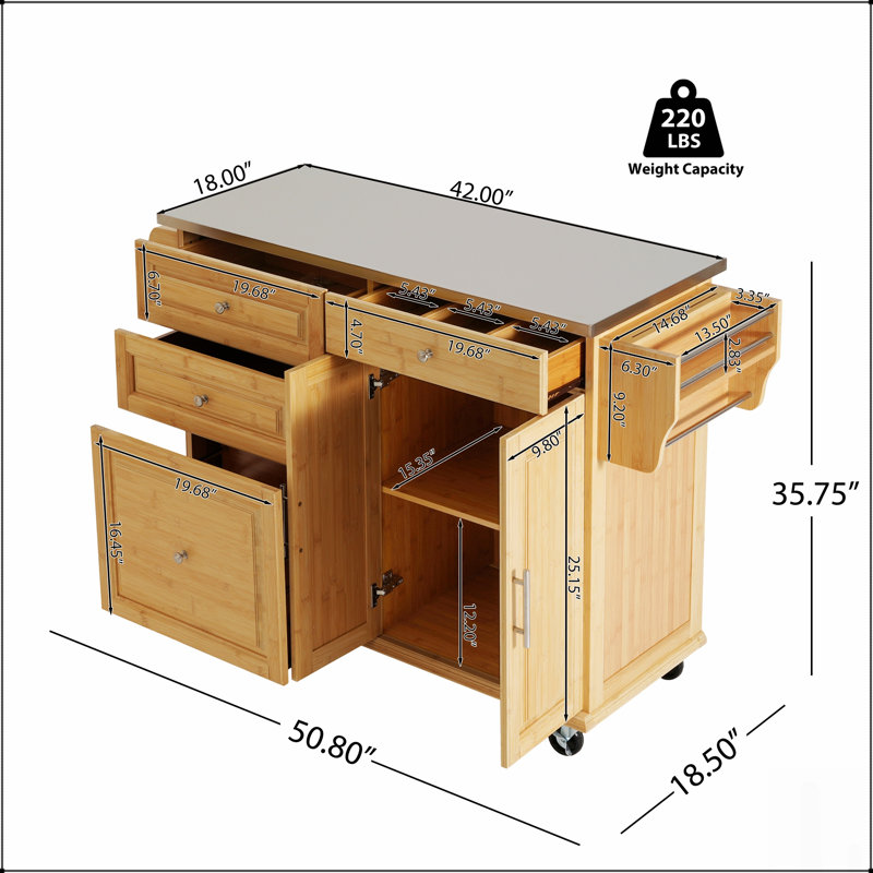 Îlot de cuisine durable en bambou avec plateau en acier inoxydable, chariot mobile avec tiroirs, armoire et porte-serviettes pour la salle à manger et le bar