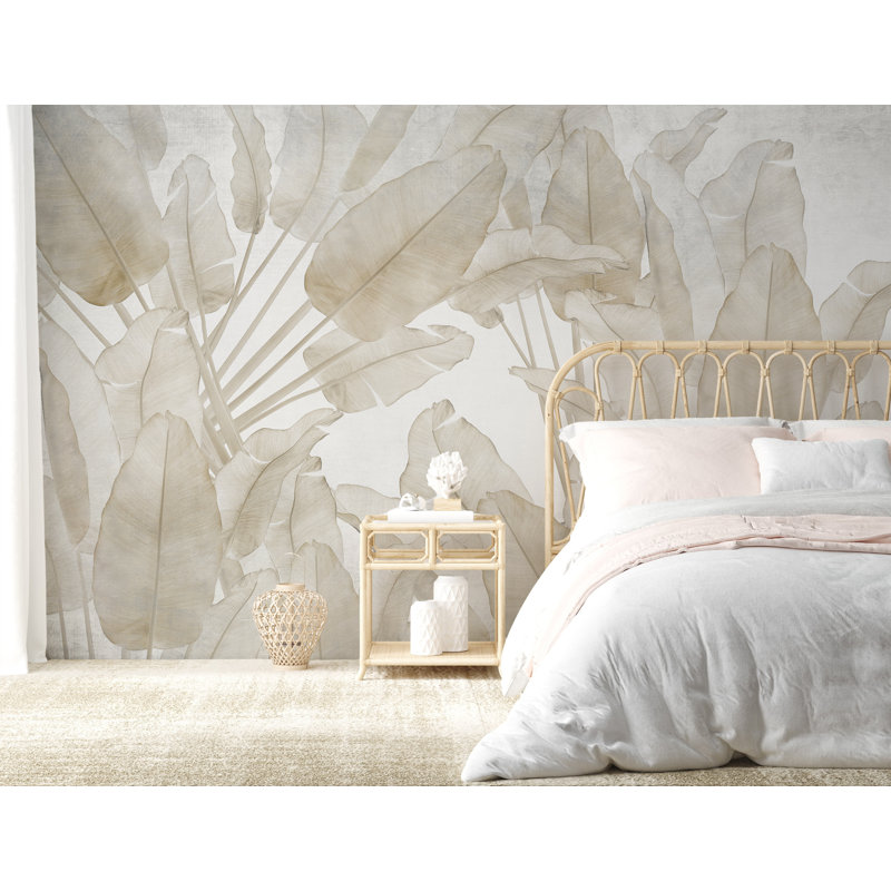 Papier peint neutre avec feuilles tropicales et beige, L 100 po x l 150 po