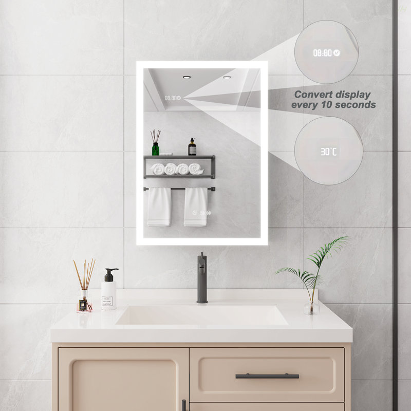 Armoire à pharmacie de salle de bain avec lumières, armoire à pharmacie DEL 28 po x 20 po avec miroir, armoire à pharmacie lumineuse avec désembueur, gradateur, horloge numérique et affichage de la température, montage en surface