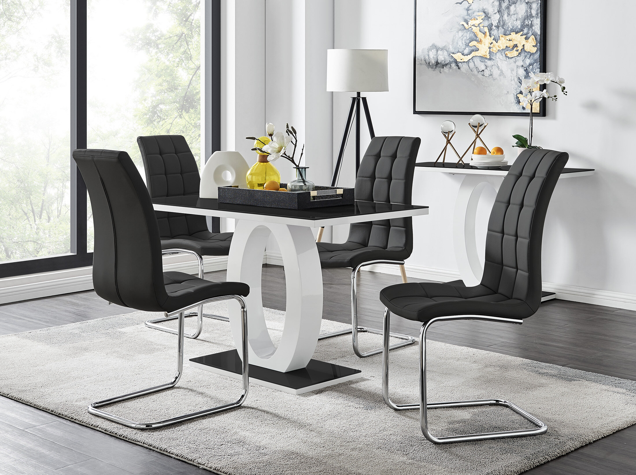 Scottsmoor Modern High Gloss Halo 4 Seater Dining Table Set with Luxury Faux Leather Dining Chairs