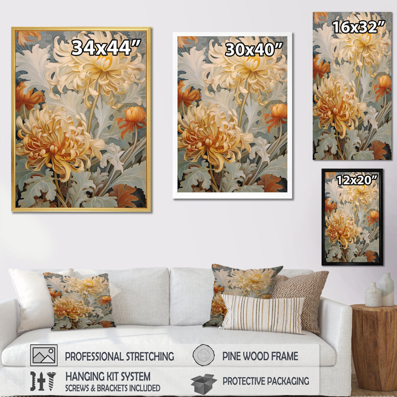" Blooming White Orange Chrysanthemum Retro Art ", 40" H x 30" W x 1.5" D, Wrapped Canvas