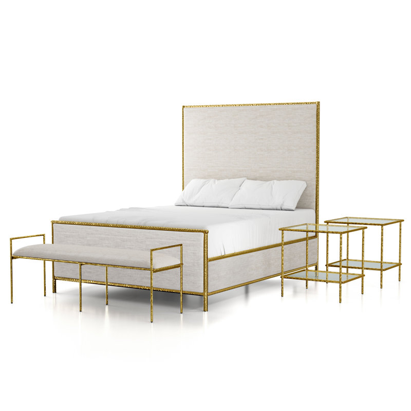 Ensemble de chambre à coucher 4 pièces Chamblee, Or/beige, Ensemble de quatre pièces : lit, banc, deux table