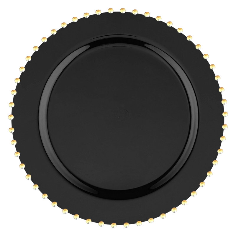 Assiettes plates rondes jetables en plastique noir avec cordon de perles dorées (25 cm) - 120 assiettes