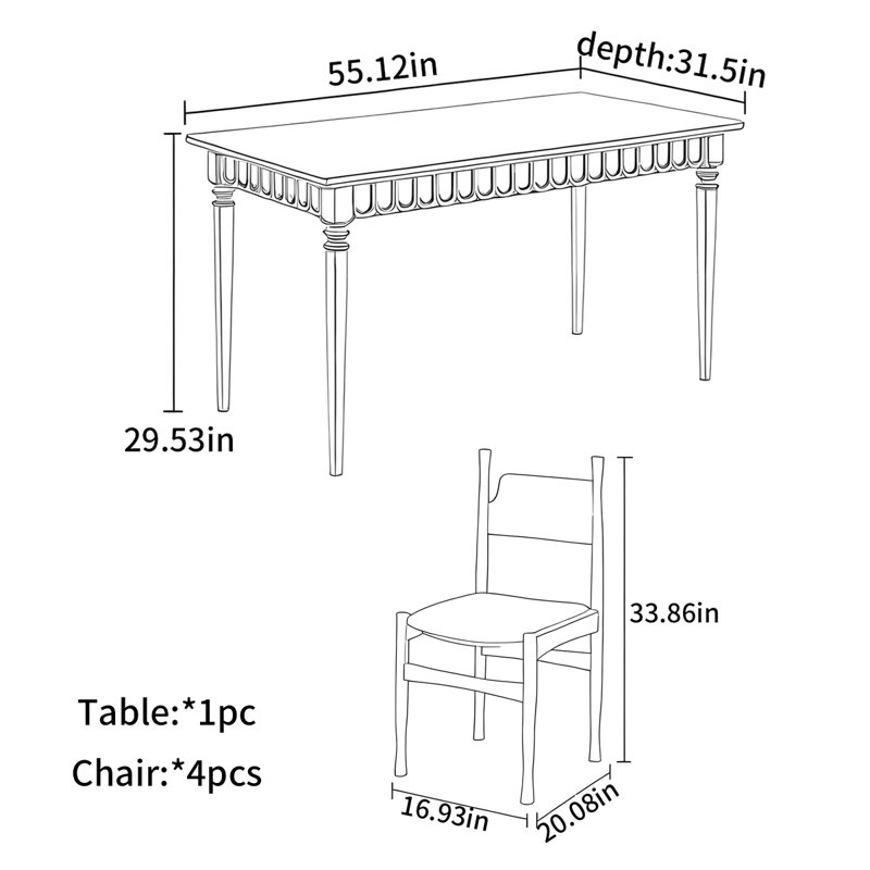 Table de salle à manger rectangulaire de style français, H 29,53 po x L 55,12 po x l 31,5 po