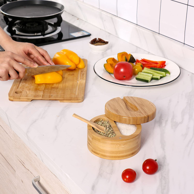 Ensemble de 2 pots à épices en bambou sel poivre avec couvercles pivotants magnétiques