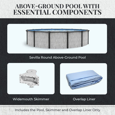 Piscine murale hors-sol en acier à parois dures et profondes de 24 pi et 52 po de profondeur Blue Wave Sevilla avec sièges supérieurs de 6 po, verticales de 5 po, écumoire et doublure en vinyle - capacité de 12 600 gallons pour la natation familiale et les loisirs