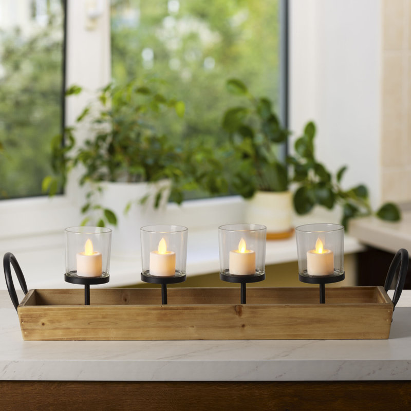 Natural Wood and Glass 24-Inch Votive Candelabra with Metal Handles