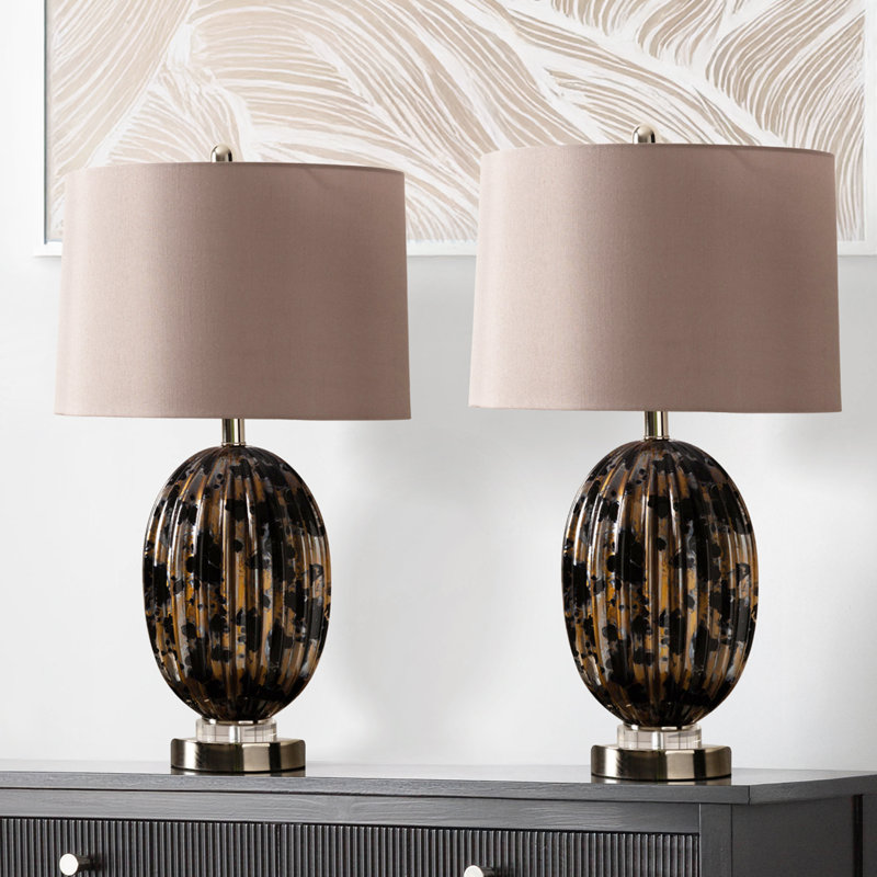 Calmers 67.3cm Table Lamp with Glass Base For Bedroom Furniture, Bedside Buffet Lamp with Linen Shade, Gray, Black/Gold