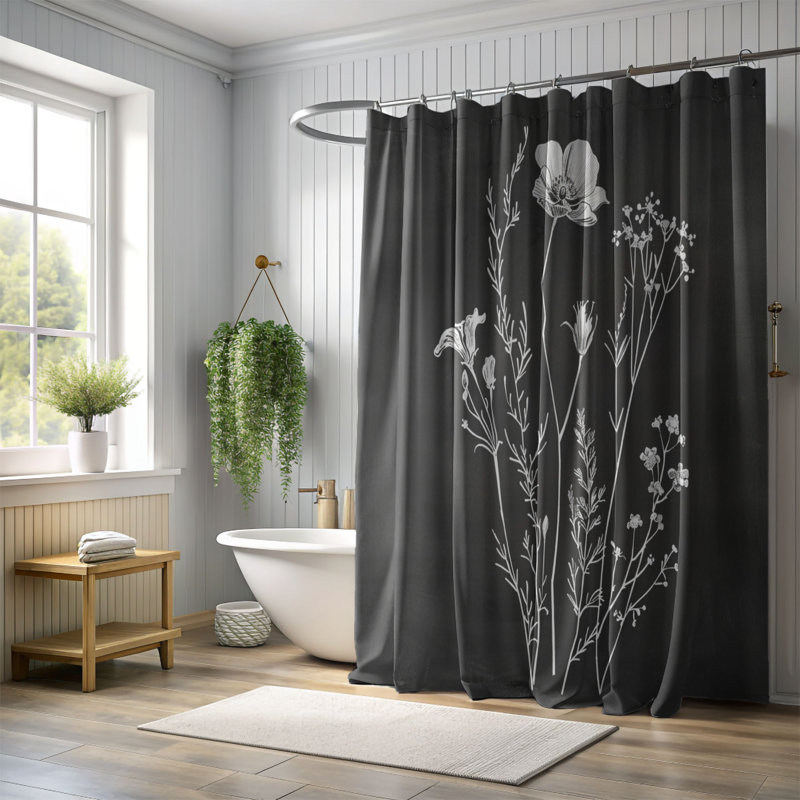 Rideau de douche standard noir et blanc à motif floral - 1 pièce, H 74 po x l 35 po