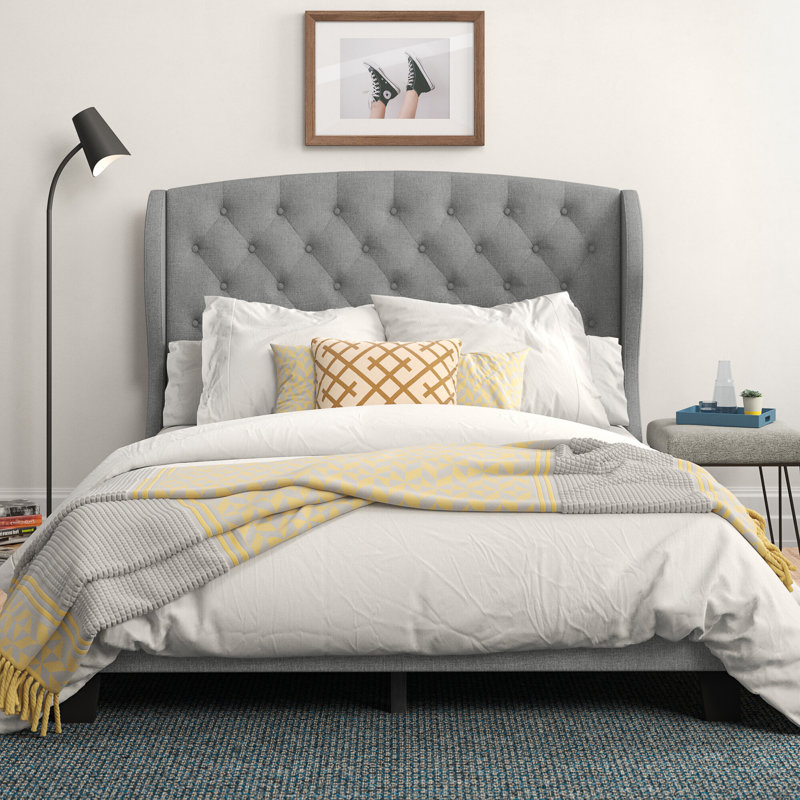 Samuel Queen Gray Linen Upholstered Wingback Platform Bed with Storage