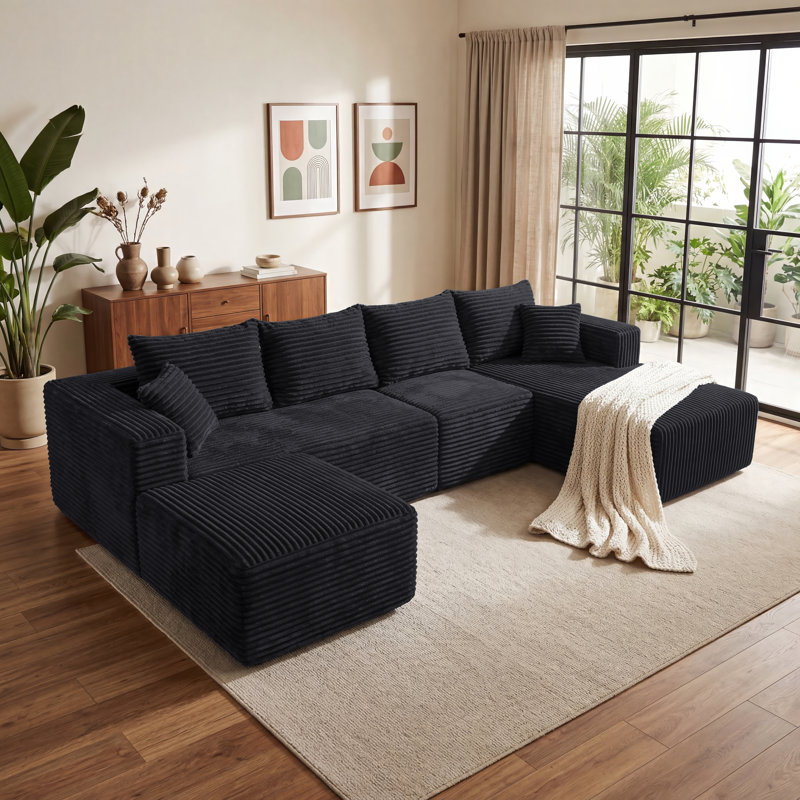 Canapé modulaire rembourré 4 pièces Boneless Kapellen, Noir, Orienté à droite