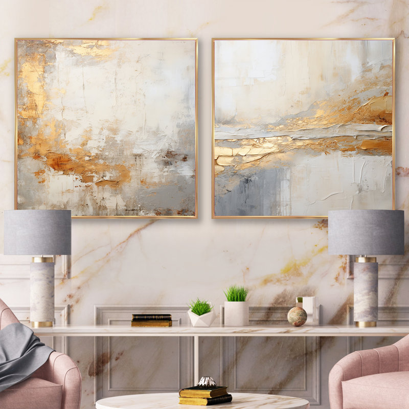 Fusion abstraite dorée et beige - ensemble de 2 collages carrés abstraits, Cadre flottant doré, H 30 po x l 61 po