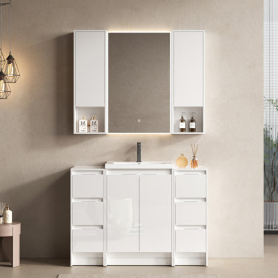 48" Freestanding Bathroom Vanity With Resin Sink, 2 Storage Bins, Two Wall Cabinets, Soft Closing Mechanism, Glossy White Plywood For Practical Look Upgrade Design