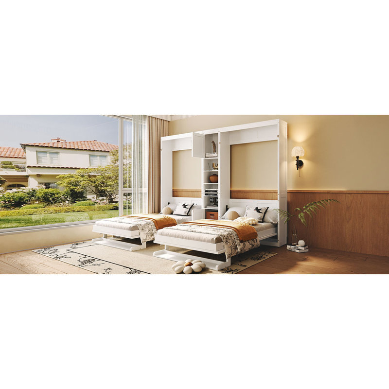 Double lit escamotable mural simple avec armoires et tablettes, blanc (VIEUX SKU: N820S00058K), Blanc