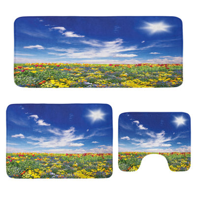  Colorful Bathroom Rug Set 3 Pieces U-Shape & Rectangle Mats Multicolor