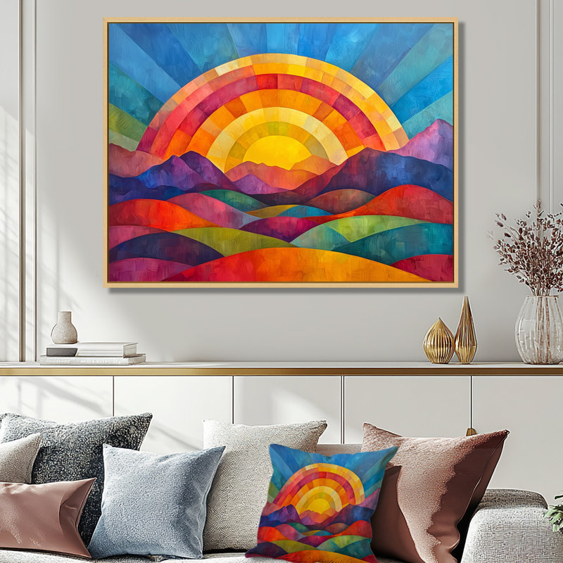 Arc-en-ciel sur des montagnes colorées abstraites - art mural arc-en-ciel, H 16 po x l 32 po, Natural Floater Framed