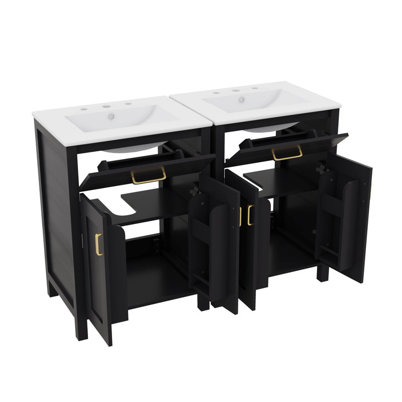 Ensemble de meuble-lavabo moderne 48 po avec lavabo en céramique, meuble de rangement équipé d'un tiroir rabattable et de tablettes à deux niveaux