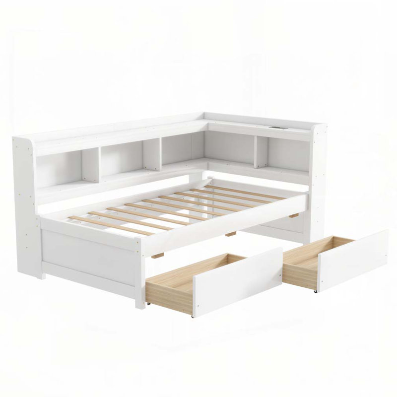 Lit simple en forme de L avec bibliothèques avec prises de courant, ports de chargement USB, deux tiroirs, blanc