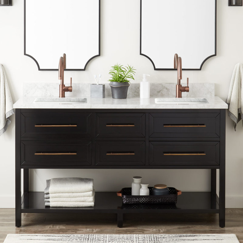 Ensemble de meuble-lavabo double 60 po avec lavabo sous le comptoir Robertson, Noir, Monotrou, Quartz blanc plume