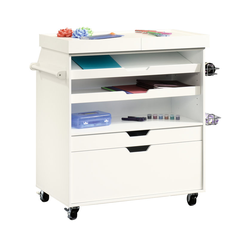 Chariot artisanal blanc traditionnel, plan de travail coulissant, rangement caché, deux tiroirs, chariot de finition en métal et mobilité avec plateau supérieur, étagères inclinées réglables et divisées
