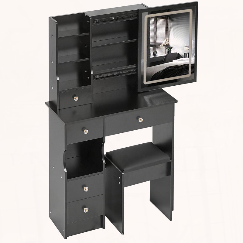 Small Space Vanity with Tri-Color LED Mirror and Storage, Black