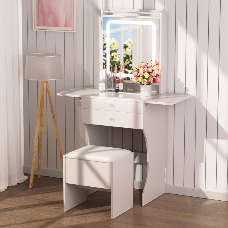 Ensemble de meuble-lavabo compact pour petites chambres - Meuble-lavabo compact avec tabouret, tiroirs organisés et tables d'appoint pliables