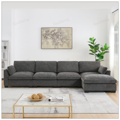 130inch L-Shape Modular Sectional Sofa with Folding Table, Dual-Port Charging, Side Storage Pockets, and Free Movement Ottoman