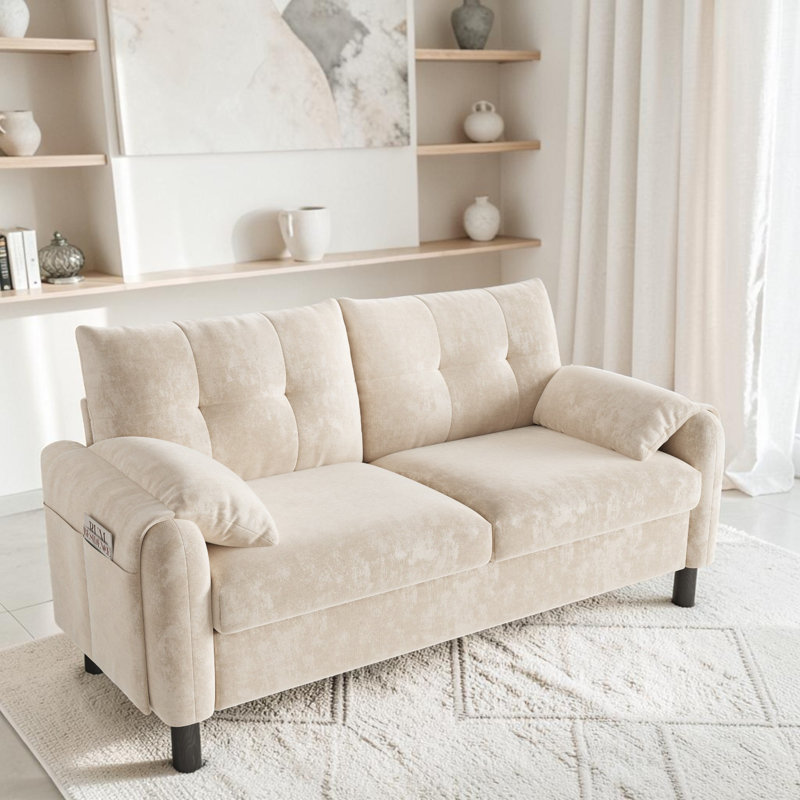 Chenille 2-Seater Sofa with Soft Cushioned Seat, Pillow-Style Armrests and Side Storage Pocket, Space-Saving Design, Beige