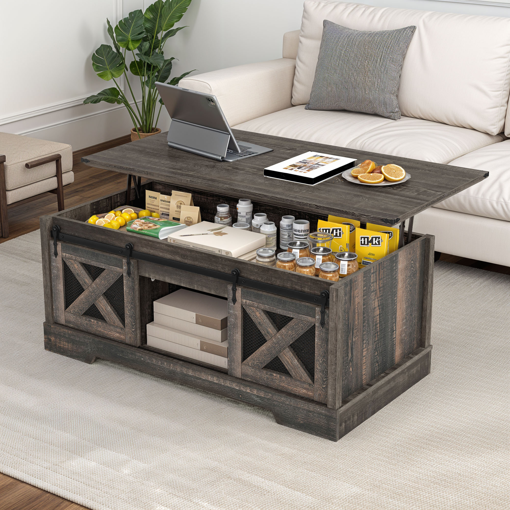 Gracie Oaks Farmhouse Lift-Top Coffee Table with Storage and Sliding ...