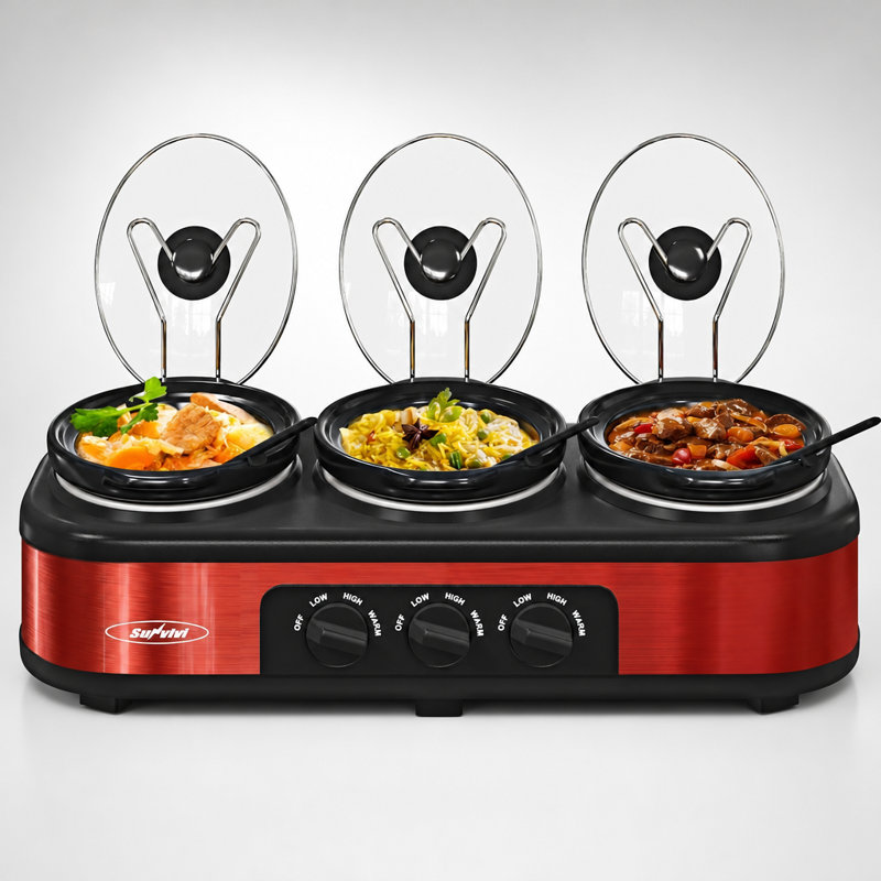 Triple Slow Cooker Buffet Food Warmer with 3 x 1.5 QT Ceramic Pots, Glass Lids and Spoons, Red
