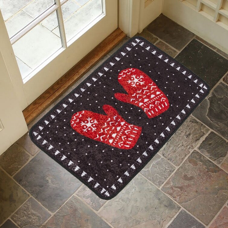 Christmas Front Door Mat, PVC Leather Door Mats Outdoor/Indoor Welcome Mat,  Red Christmas Balls White Winter Snowflake Floor Mats Non-Slip Doormat