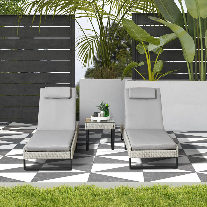 Benette 196cm Long Single Sun Lounger with Cushions and Table, White, Grey