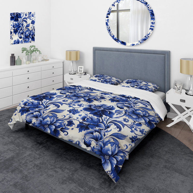 Ensemble de housse de couette Regal Cobalt Blue Damask Ii Victorian, Housse de couette simple + 1 taie décorative stan