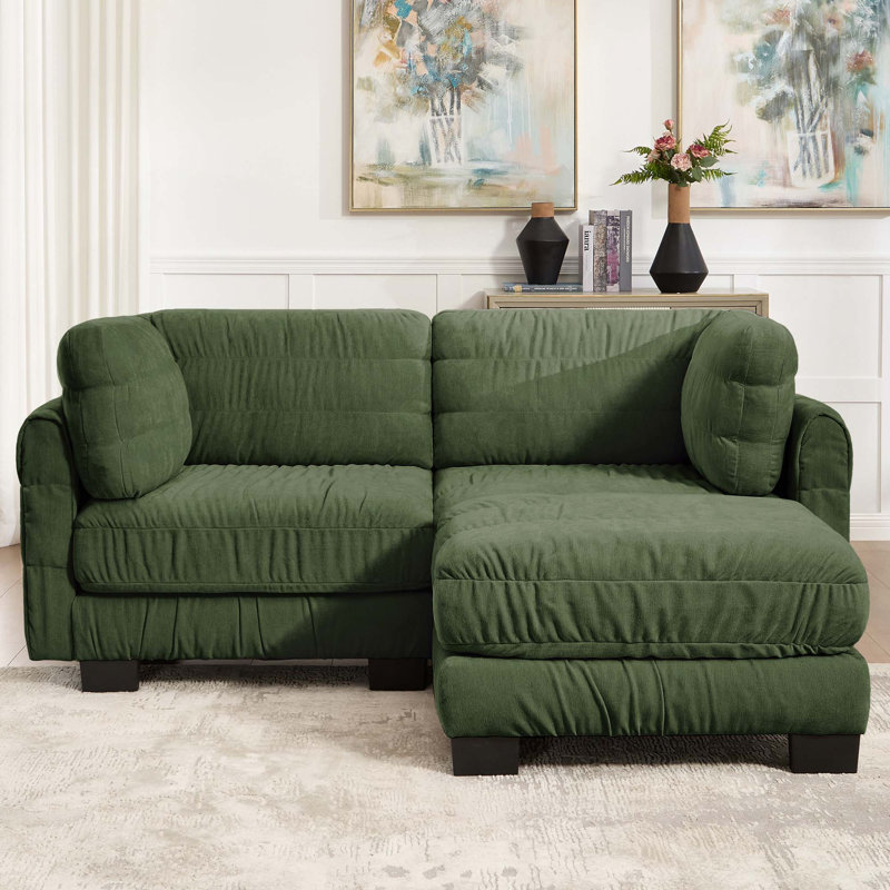 Canapé d'angle modulaire deux places en chenille à détails froncés, mousse haute densité, coussins de dossier épais