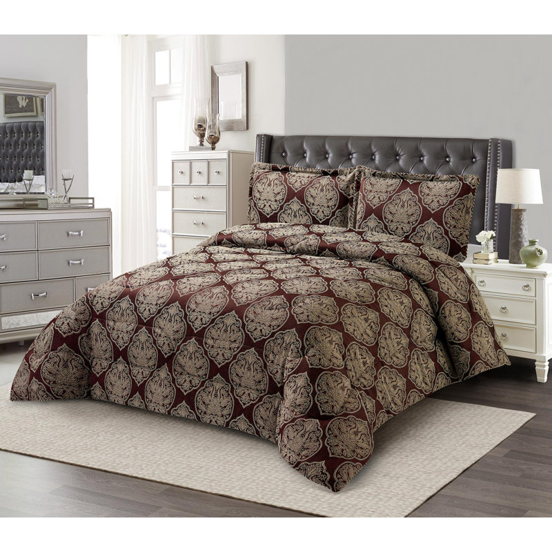 Gina Polyester Damask Bedspread with Pillow Shams, Brown, 220 x 240 cm Bedspread - 2 Pillowcases