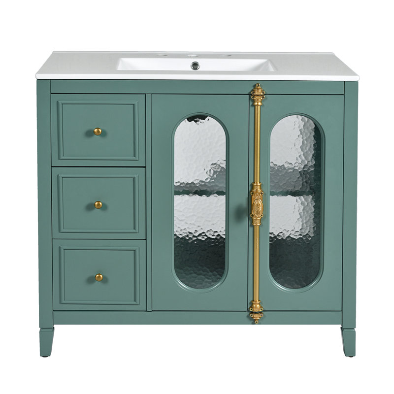 Meuble-lavabo 36 po avec 2 portes à fermeture douce et 3 tiroirs, Vert lac