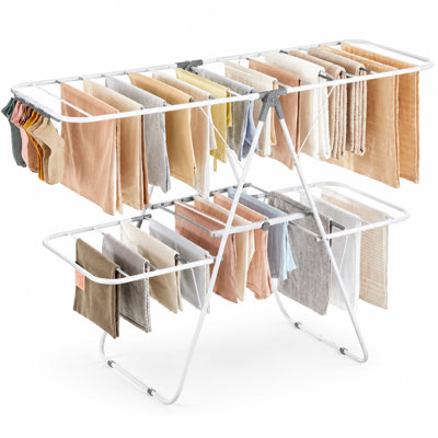 Double-wing clothes rack, folding clothes rack with sock clip, adjustable height, rust-proof, indoor/outdoor.