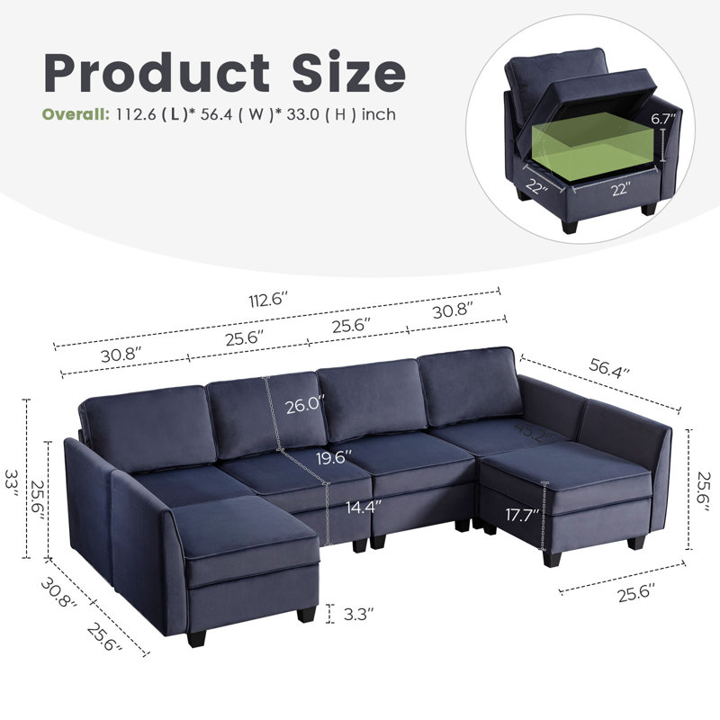 Canapé modulaire 6 pièces Maradiaga, Velours bleu marine