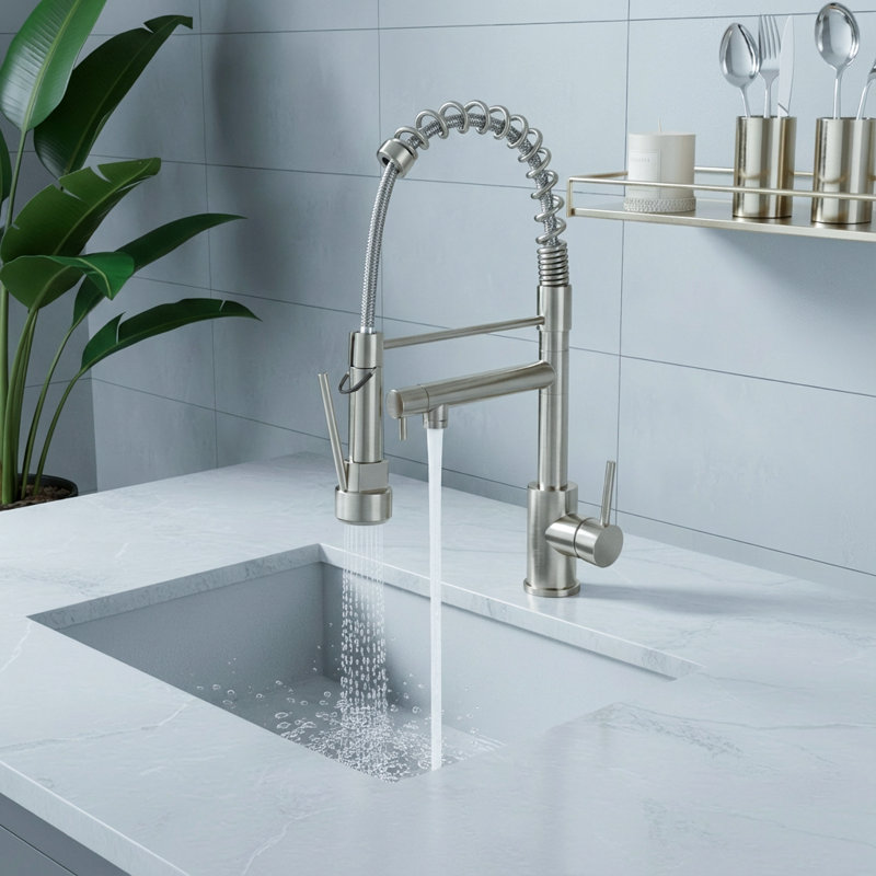  Commercial Single Handle High-Arc Kitchen Faucet with Pull-Down Spring Spout, Brushed Nickel