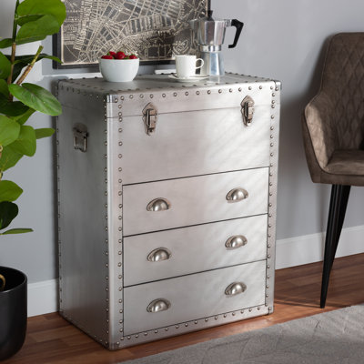 Commode 3 tiroirs en métal au fini argent Mcclenon, H 29,65 po x l 23,87 po x P 13,01 po