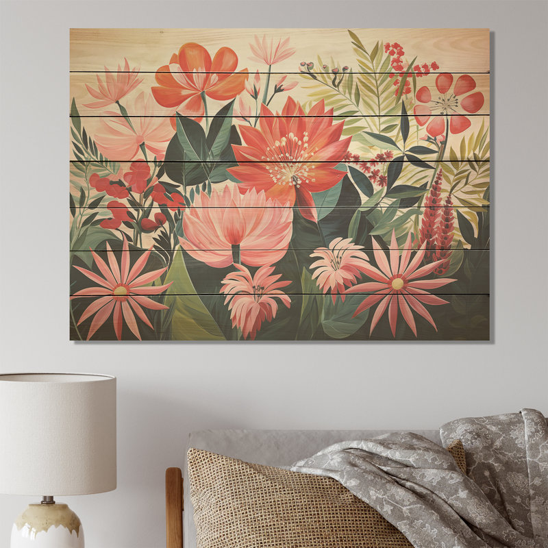 Motif floral de jungle tropicale rose III - impression florale sur bois, H 10 po x l 20 po x P 0,78 po