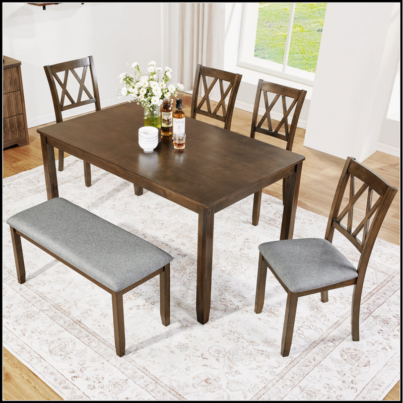 Ensemble de table de salle à manger élégant en bois 6 pièces avec 4 chaises et un banc, design moderne pour des réunions de famille confortables et des expériences culinaires élégantes