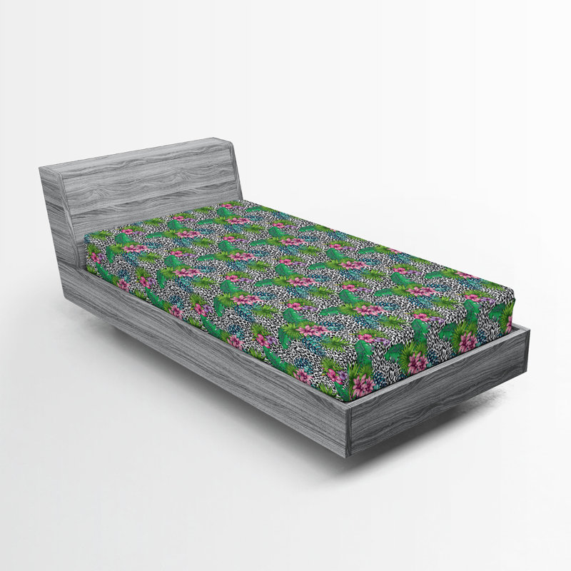 Ambesonne Nature Fitted Sheet Leaves Botanical Style Art, Twin XL Fitted Sheet, Fern Green/Multicolor Floral