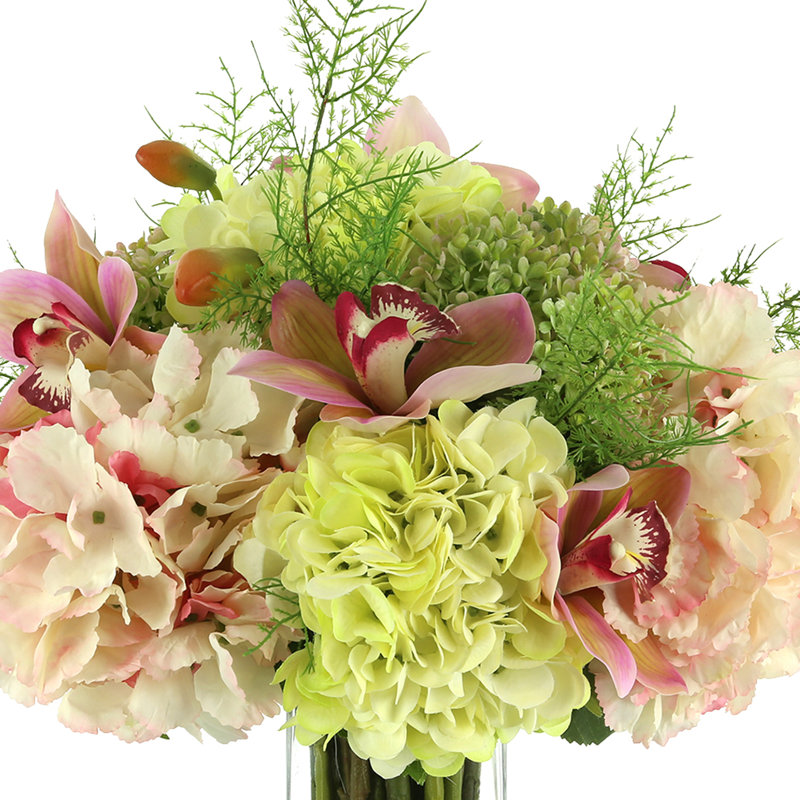 Faux Orchid and Hydrangea Arrangement in Glass Vase
