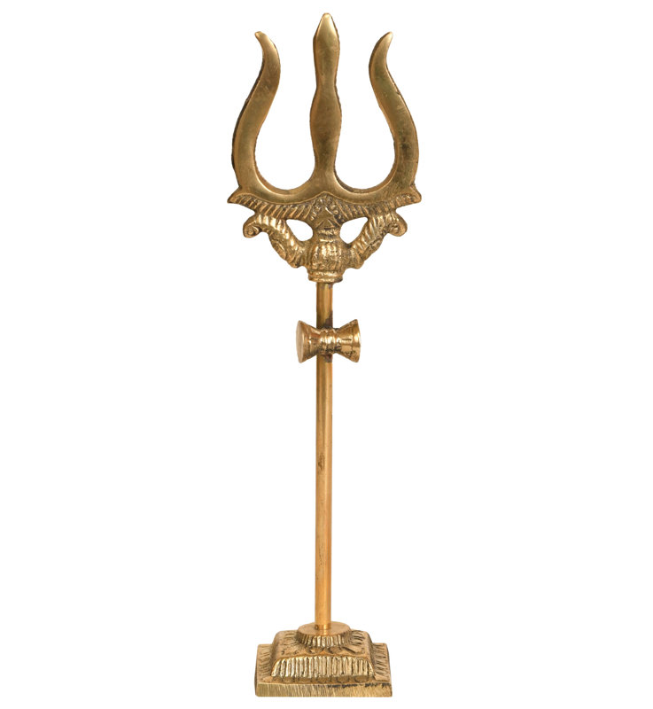Petit trishul en laiton avec damru - sculpture trident de style indou fabriqué à la main pour un décor spirituel