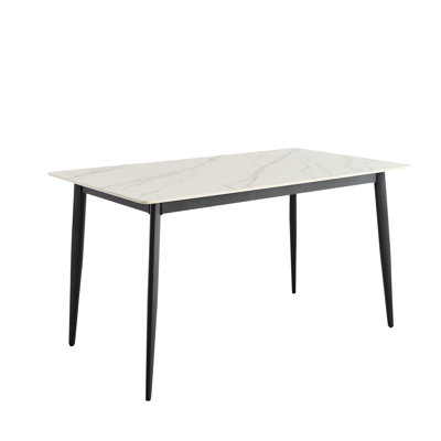 Table de salle à manger 55 po rectangulaire en porcelaine blanche avec pieds en métal, design élégant et tendance