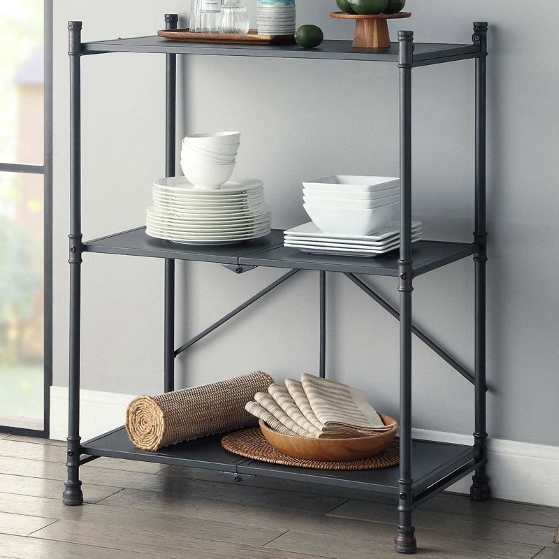 Console pliante à 3 niveaux assemblée, style tuyau d'eau, noir sablé brossé à la main et bronze foncé, grand espace de rangement bronze brossé, chambre à coucher