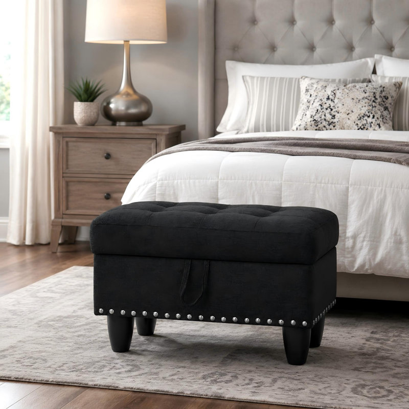 Repose-pieds moderne avec rangement, Tissu en lin noir et gris