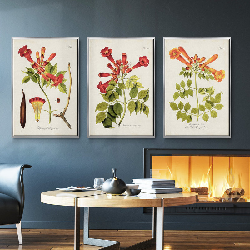«Tropical Trumpet Flowers I», ensemble de 3 pièces encadrées sur toile, Argent, H 27 po x l 54 po